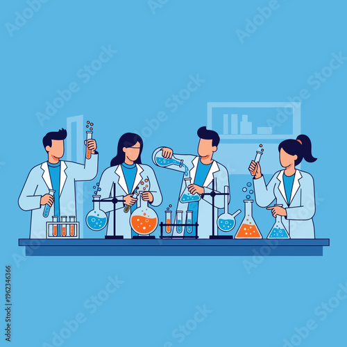 Scientists working in a laboratory, conducting experiments with beakers and test tubes