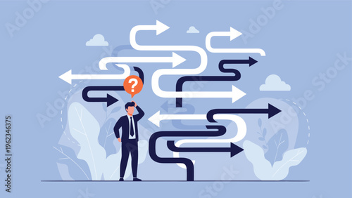 Businessman standing bewildered at a complex intersection of many curved arrows, with a question mark, symbolizing confused choices and dilemmas.