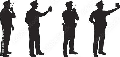 Vector silhouettes of police officers in uniform using walkie-talkies and mobile phones for communication while standing on duty and patrolling.