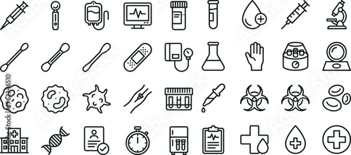 Blood diagnostics outline icon set with laboratory testing hematology analysis symbols for healthcare apps dashboards interfaces presentations education materials