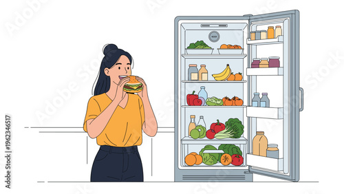 Woman eating a hamburger while standing in front of an open refrigerator filled with various healthy fruits and vegetables.