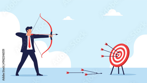 Determined businessman aiming with a bow and arrow at a target, with some missed shots, illustrating the process of achieving goals.
