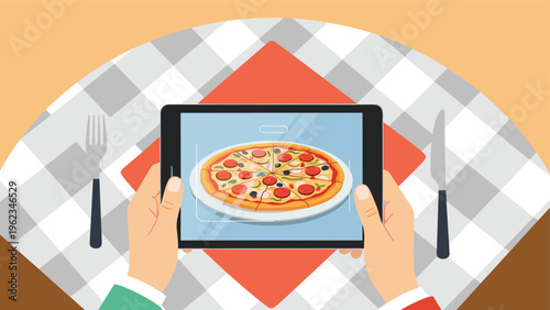 Hands holding a tablet displaying a delicious pizza on a plate, showcasing digital menu, food delivery, or online ordering concept.