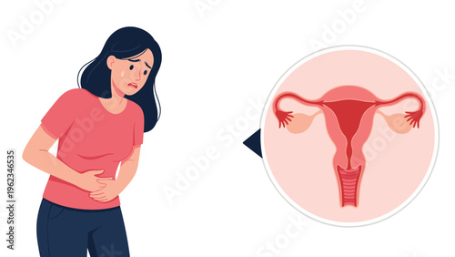 Woman suffering from abdominal pain, clutching her stomach with a worried expression, alongside a magnified view of the uterus.