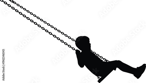 Child silhouette on swing, playful motion, outdoor activity, childhood joy, leisure time, simple design, artistic contrast, carefree moment, fun illustration