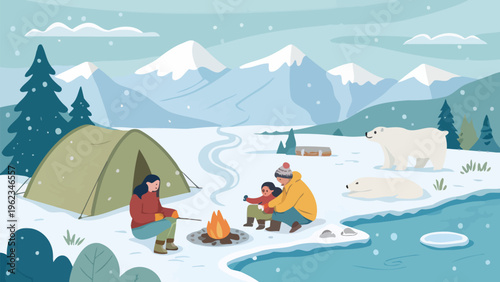 Family camping on ice with wildlife watching in snowy mountain landscape with polar bear