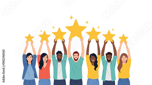 Diverse group of happy people raising large gold stars above their heads, symbolizing teamwork, achievement, excellent rating, and success.