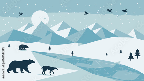 Arctic landscape with polar bears wolf and frozen lake under snowy mountains at dusk