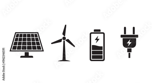 Renewable Energy Icon Set with Solar Panel, Wind Turbine, Battery, and Electric Plug in One Row, Minimal Black Silhouettes