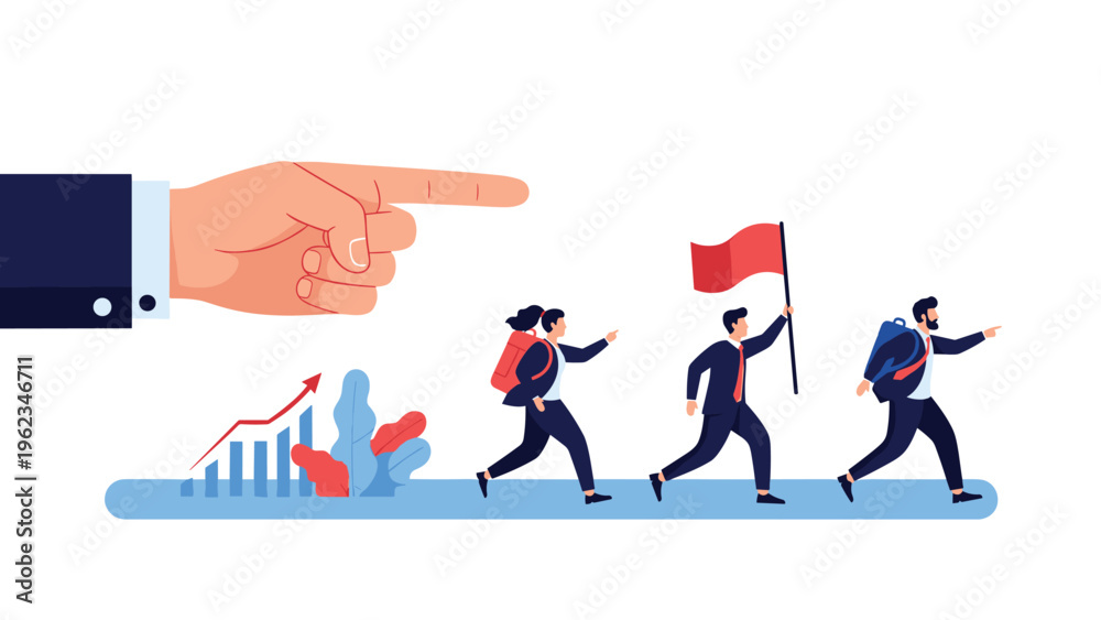 Fototapeta premium Large hand pointing forward, leading a group of determined businesspeople carrying flags and backpacks, symbolizing leadership and guidance.