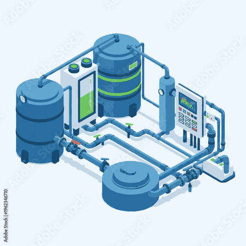 Industrial Water Treatment Plant Equipment Isometric Illustration.