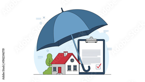 House standing securely under a large umbrella next to a clipboard with a checked document, representing home insurance, property protection, and security.