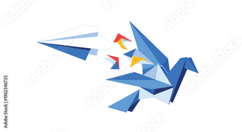 A blue origami bird flying with colorful paper fragments trailing behind it