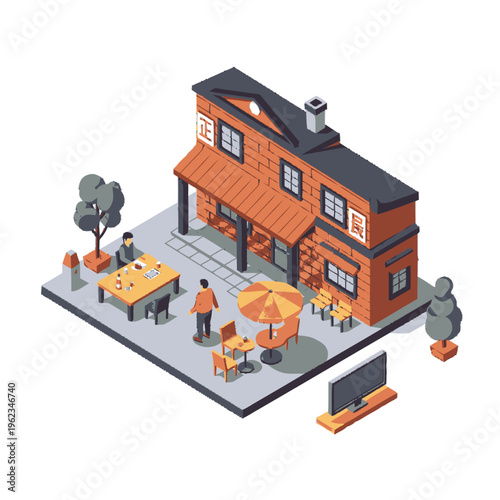 Isometric Building with Outdoor Leisure Area.