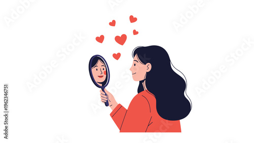 Happy woman smiling at her reflection in a hand mirror, surrounded by floating hearts, symbolizing self-love, self-care, and positive self-image.