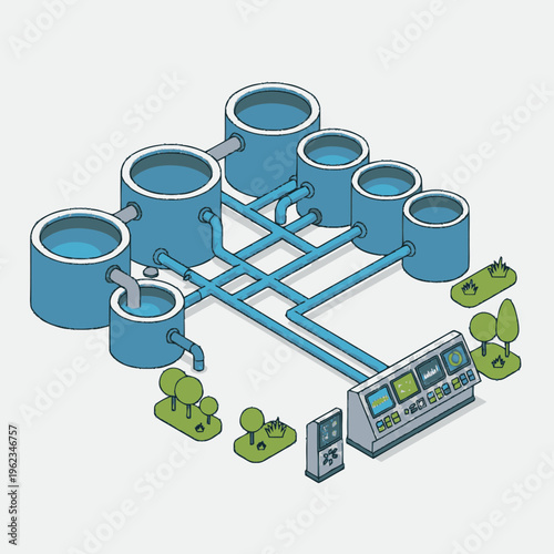 Industrial Water Treatment Plant System Illustration.