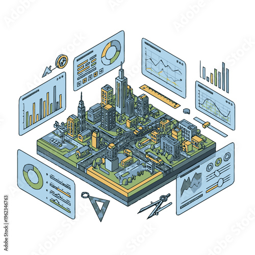 Isometric Cityscape with Data Analytics and Architectural Tools.
