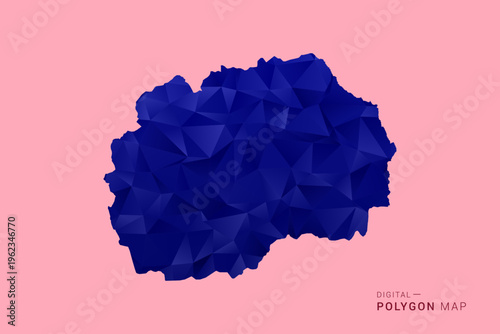 Macedonia Map - Low poly polygon map in deep blue gradient on soft pink pastel background, modern minimal geometric design, clean digital vector illustration.