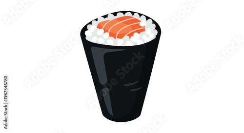 A cartoon depiction of a cone-shaped sushi roll featuring rice, a filling, and a seaweed exterior. The filling appears as sliced orange