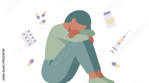 Illustration of person with depression, surrounded by drugs and medication.