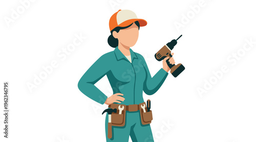 Illustration of a handywoman in work uniform holding a drill and tool belt