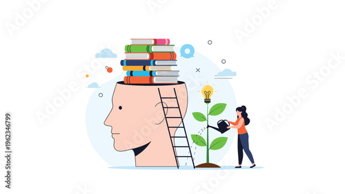 Human head silhouette with stacked books, and a woman watering a lightbulb plant, symbolizing learning, knowledge, personal growth, and new ideas.