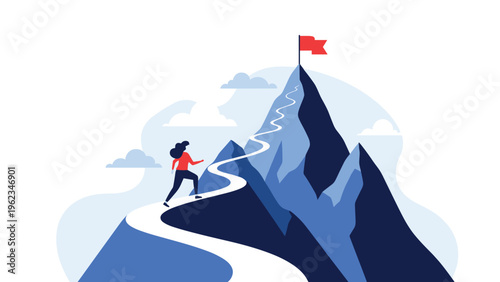 Determined woman hiking up a winding path on a mountain towards a flag at the peak, symbolizing ambition, challenge, and success.