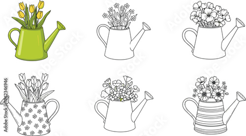 Watering Can Flower Illustration Set with Tulips and Floral Arrangements in Hand Drawn and Colored Styles for Garden Design, Spring Decor, and Botanical Graphics