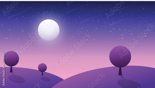 Night landscape with full moon and falling stars over purple hills and round trees