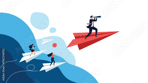 Businesspeople riding paper airplanes, with one leading the way, symbolizing leadership, innovation, ambitious strategy, and entrepreneurial spirit.