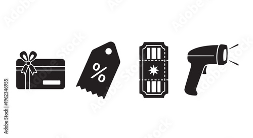 Retail Marketing Icon Set with Gift Card, Discount Tag, Coupon Ticket, and Barcode Scanner in One Row, Minimal Black Silhouettes