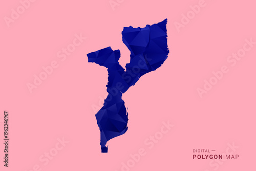 Mozambique Map - Low poly polygon map in deep blue gradient on soft pink pastel background, modern minimal geometric design, clean digital vector illustration.