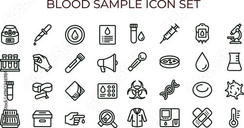 Blood sample outline icon set with laboratory diagnostics testing microbiology symbols for healthcare apps dashboards interfaces presentations education materials