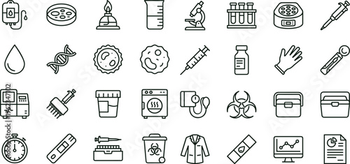 Medical laboratory diagnostics outline icon set with microbiology testing equipment symbols for healthcare apps dashboards interfaces presentations education materials