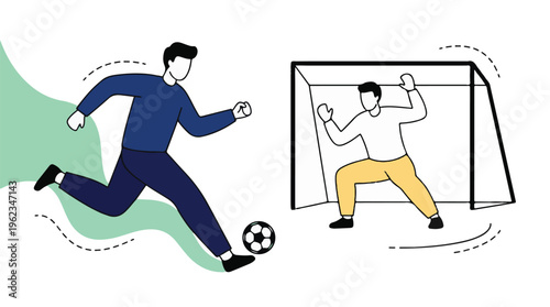 Minimalist illustration of a soccer player shooting at goal with goalkeeper