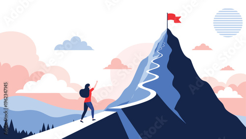 Determined woman hiking up a winding path on a mountain towards a flag at the peak, symbolizing ambition, challenge, and success with a vibrant sky.