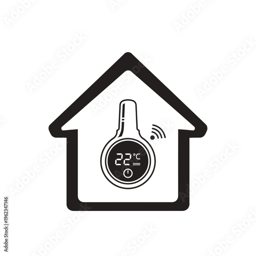 Smart home thermostat icon with house, temperature control