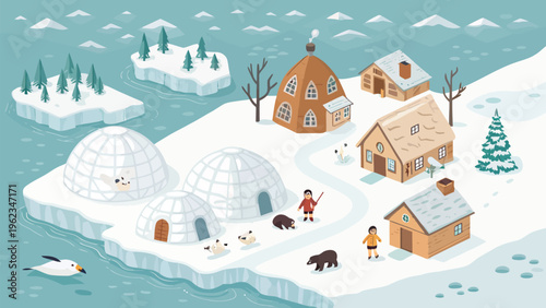 Isometric arctic village with tiny animals and ice houses snowy landscape with igloos and polar bears