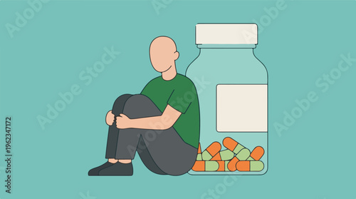 Person sitting sadly next to a large bottle of pills, mental health illustration