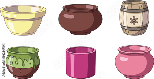 Pottery Vase Illustration Set with Ceramic and Wooden Containers in Cartoon Style for Home Decor, Craft Design, Gardening, and Interior Decoration Use