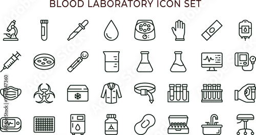 Blood laboratory outline icon set with diagnostics testing microbiology equipment symbols for healthcare apps dashboards interfaces presentations education materials