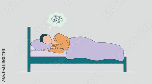 Person in bed with troubled thoughts, suffering from insomnia and anxiety