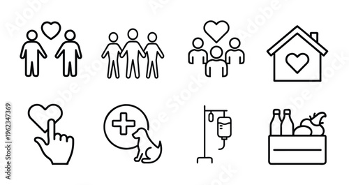 Charity and donation outline icon set featuring community support, volunteer house, veterinary care, food box, and more vector illustration on editable stroke