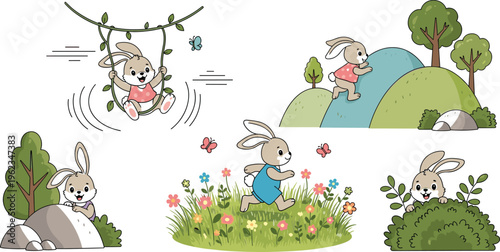 Cute hand-drawn bunny vector set with playful rabbits in various outdoor scenes, including swinging, hiding, hopping, and exploring flowers, hills, and bushes, perfect for kids and nature designs