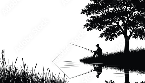 Fishing silhouette by tree, calm water reflection, outdoor leisure, peaceful nature, serene activity, relaxation scene, countryside lifestyle, tranquil moment, harmony