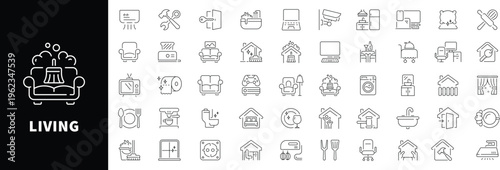 Living room editable line icons set: furniture and home decor symbols
