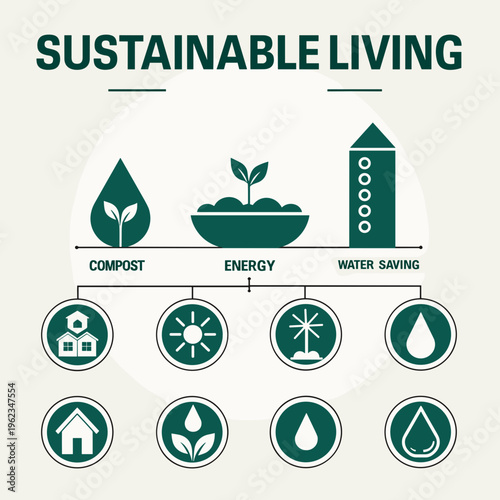 sustainable living infographic with icons for energy, water saving and composting, for educational materials, health blogs and eco-friendly websites