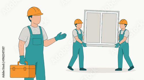 Professional construction workers carrying a new window frame for installation