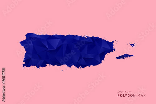 Puerto Rico Map - Low poly polygon map in deep blue gradient on soft pink pastel background, modern minimal geometric design, clean digital vector illustration.