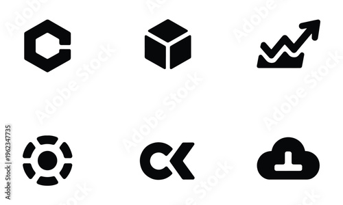 Collection of six modern minimalist black icons representing business, finance, technology, and data analytics concepts on a white background.